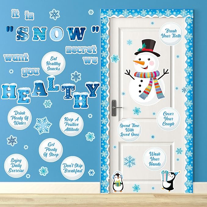 71 Pcs Winter Health Bulletin Board Decorations Set Winter Christmas Classroom Decor Snowman Snowflake Accents Healthy Habits Paper Cutouts for School Wall Decoration Supplies