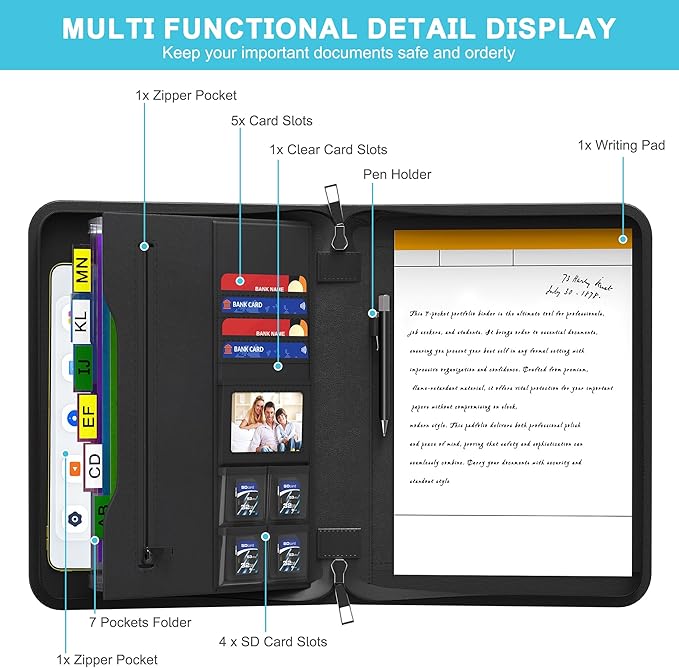 JUNDUN Business Padfolio with 7 Pockets File Folder,Upgraded Material Fireproof Portfolio Folder with Zipper,Professional Portfolio Organizer for 10.1 inch Tablet,F37001V