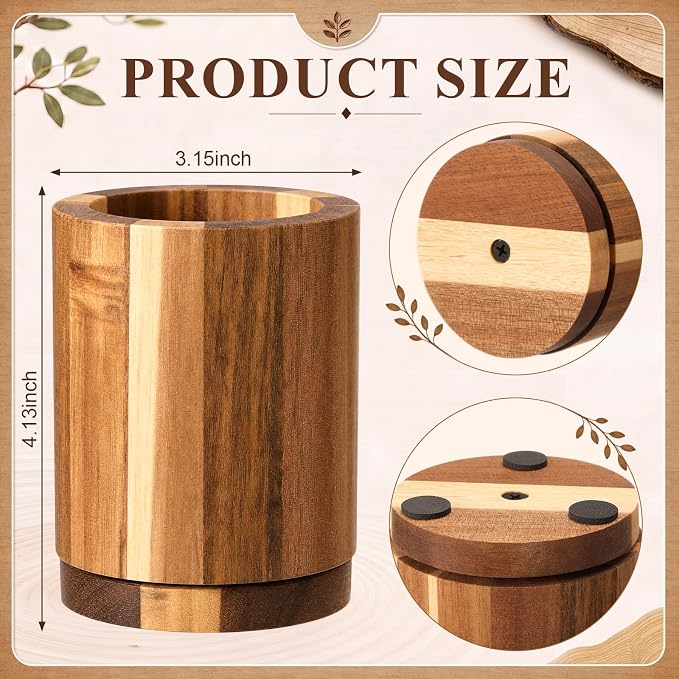 360° Rotating Pen & Pencil Holders Accessories Acacia Wood Desktop Pencil Holder Containers Farmhouse Stationery Organizer Stand for Office Table Desk Accessory