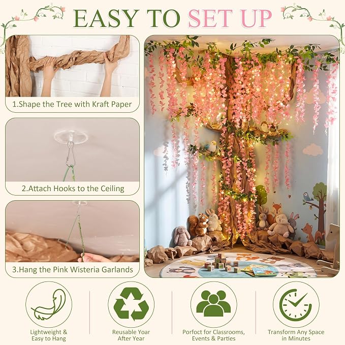 Suncalla Classroom Tree Bulletin Board Set DIY 3D Classroom Ceiling Wall Decor with Kraft Paper & Mounted Traceless Hooks for Jungle Safari Hawaiian Luau Party Supplies (Wisteria)
