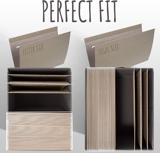 Decorative File Organizer Box Set of 2 - Collapsible Linen Filing Cabinets with Handles Are Perfect to Store All Your Documents & Hanging File Folders - Portable Easy Slide Office Crates with Lid