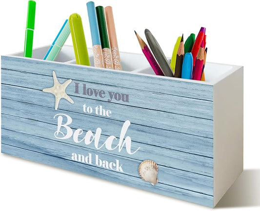 Beach Pen Holder for Home Office Kitchen Desk Decor, I Love You to the Beach and Back Wooden Pencil Holder Sign Organizer for Home Office Desk Accessories, Coastal Gifts for Women Men