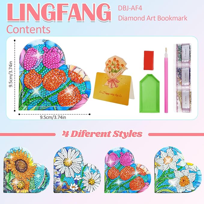 4 Pcs Diamond Painting Bookmark, DIY Corner Book Makers for Adults Book Lovers, Diamond Dot Art Beginners, Small Diamond Art Kits, Paint by Art Crafts Gift for Women Girls (Heart Flower)