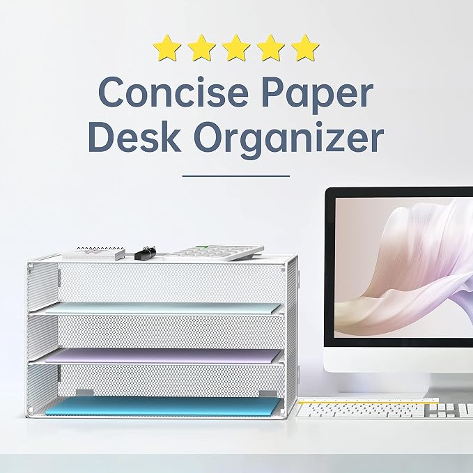 DALTACK 3 Tier Letter Tray Paper Organizer for Desk, Mesh Metal Desk File Organizer with Sliding Trays for Letter/A4 Paper, Mail, Bills & Folders, 2 Pack, White