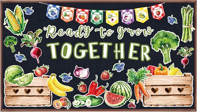 Fuutreo 75 Pcs Farmers Market School Classroom Bulletin Board Decoration Set Fruit Vegetable Classroom Bulletin Board Paper Growth Cutout Accent for Wall Chalkboard Decor