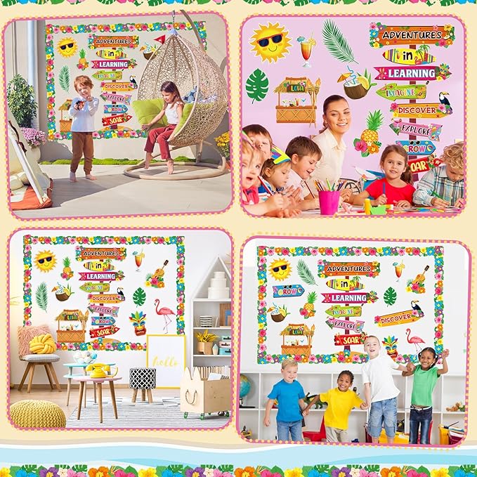 Epakh Summer Adventure in Learning Bulletin Board Sets Hawaiian Signpost Classroom Decorations Aloha Luau Tiki Paper Cutouts with Hawaii Flower Borders for Door Wall Back to School Office Supplies