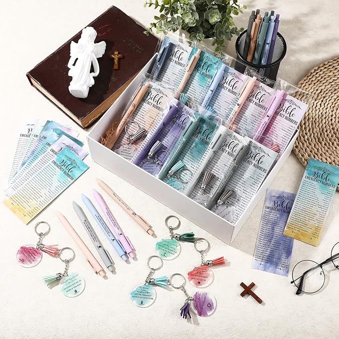 Feifeiya 25 Sets Mother's Day Christian Gifts Bulk Bible Verse Emergency Numbers Bookmarks Christian Pens Religious Keychain Church Welcome Gifts for Women(Ballpoint Pens)