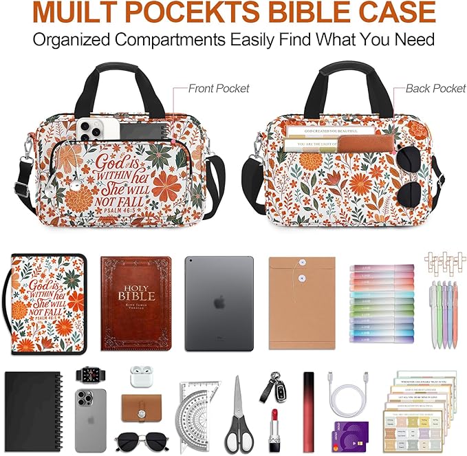 Autumn Flower Bible Cover Case for Women, Boho Cute Large Church Bible Bag Books Carrying Case with Shoulder Strap and Handle Zipper Pocket, Bible Study Supplies Journaling Kit Christian Gifts