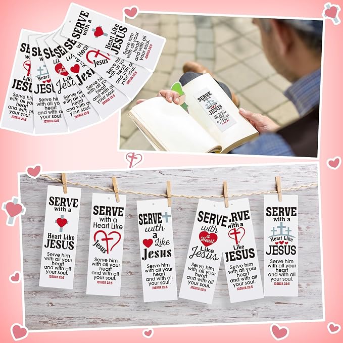Dispowreath 60 Pcs Serving with a Heart Like Jesus Bookmarks Religious Joshua 22: 5 Bookmarks Church Exchange Gifts for Men & Women Sunday School Vbs Church Prizes Party Favors