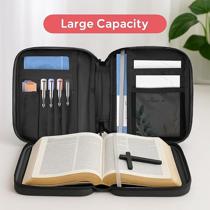 Bible Cover with Durable Handle, Carrying Book Case Church Bag Bible, Protective with Zippered Pocket, Bible Study Accessories Supplies, Gift for Mother Lady Women Men(PU Black)