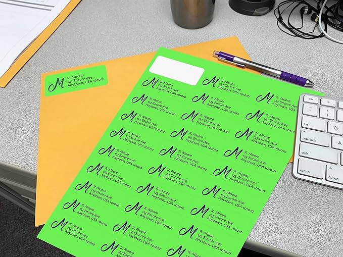 Blank Labels Fluorescent Green FBA & Mailing Labels – 2.625" x 1", 30 Labels Per Sheet, Bright Visibility for Warning or Inventory Use, Inkjet & Laser Printer Compatible