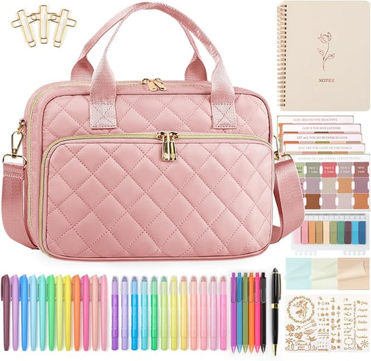 Bible Journaling Kit – Quilted Bible Cover Case for Women, 31 Highlighters, 75 Tabs, Bible Study Supplies & Christian Gift for Women and Teens (Shoulder Strap, Blush Pink)