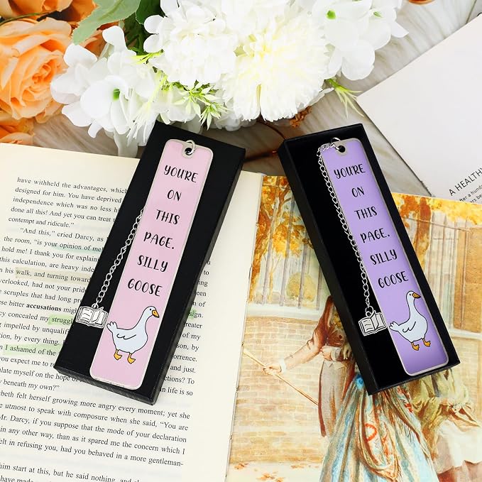 2Pcs Funny Bookmarks for Women Men Metal Book Marker Bulk Tassels Silly Goose Bookmark Cute Bookmarks Pink Purple Personalized Book Accessories Funny Gifts for Book Lovers Coworker Reader Adults