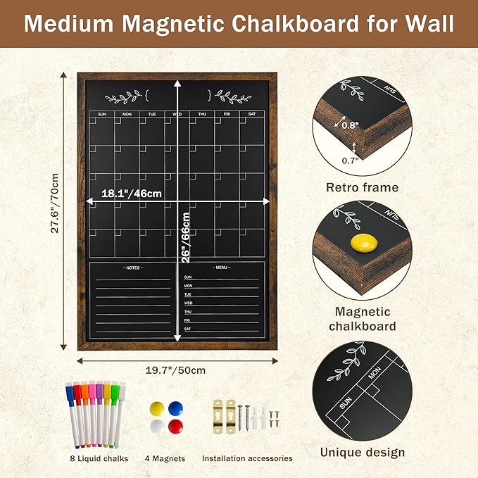 Chalkboard Calendar for Wall,20" x 28" Rustic Framed Magnetic Chalkboard for Home Kitchen Office School