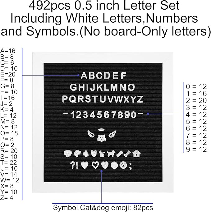 Letter Set Only - Pre-cut 0.5 Inch(1/2”) Tall White Letters 492pcs with Canvas Bag(No Board Included)