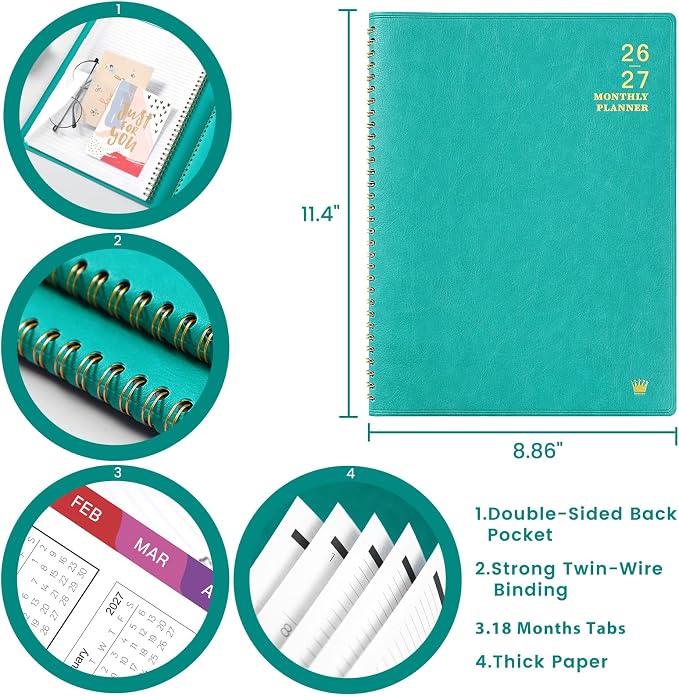 2026-2027 Monthly Planner - Jul 2026 - Dec 2027, 18 Months Calendar/Planner with Faux Leather, 8.86" x 11.4", 15 Notes Pages, Strong Twin - Wire Binding, Pocket, Monthly Tabs, Perfect Organizer- Green