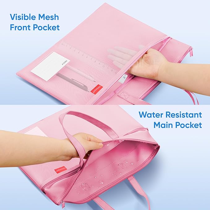 Wisdompro Waterproof Zipper Pouch, Large Mesh File Bag with Handle, Durable Triple Pocket Document Storage for Cross Stitch, Puzzle Project, Travel and Office - Pink