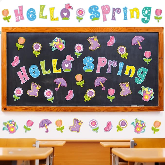 Hello Spring Flower Cut Outs for Spring Bulletin Board Decorations for Classroom with 100Pcs Glue Points,Spring Floral Classroom Decorations for Kindergarten School Spring Party Supplies (46Pcs)