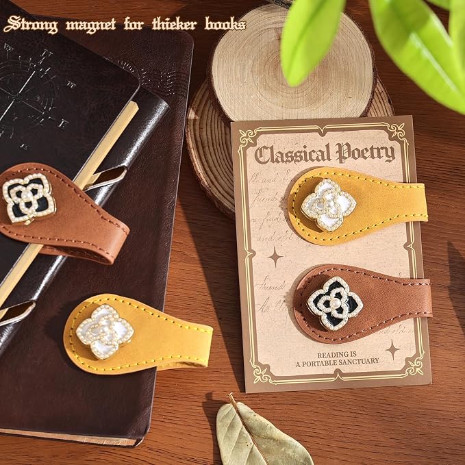 2PCS Magnetic Bookmarks with Pen Clip, Leather Bookmarks for Women, Magnetic Pen Holder Book Accessories, Four-Leaf Rose