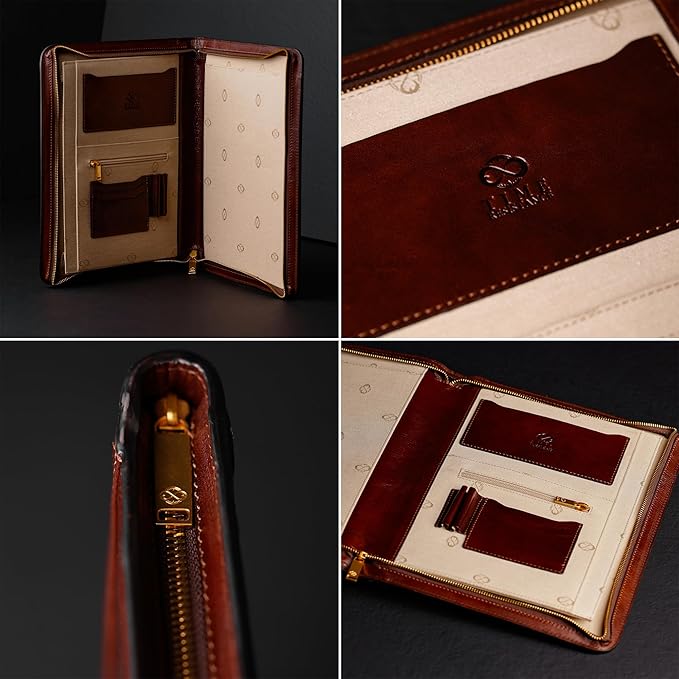 Time Resistance Leather Portfolio - A4 Document Folder - Italian Handcrafted Padfolio Organizer (Brown) - Gift Box Included