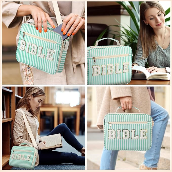 Dansydaisy Bible Cover Case for Women Large Chenille Letter Stripe Church Bible Bag with Shoulder Strap for Women(Green)