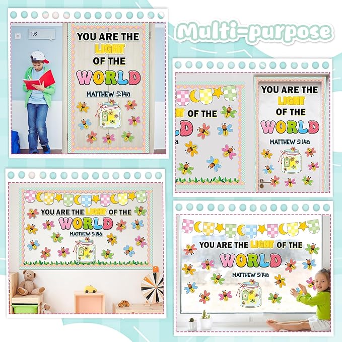 Christian Religious Bulletin Board Let Your Light Shine Bible Verse Bulletin Board Decorations Mason Jar Cutouts Firefly Name Tags for Sunday School Church Back to School Chalkboard Door Supplies