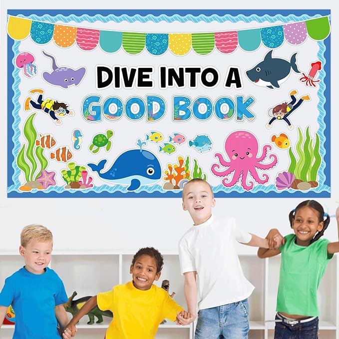 Summer Sea Animal Bulletin Board Decorations Dive into a Good Book Reading Summer Ocean Theme Classroom Back to School Bulletin Board Border Set Ocean Under the Sea Paper Cutouts for School Home Decor