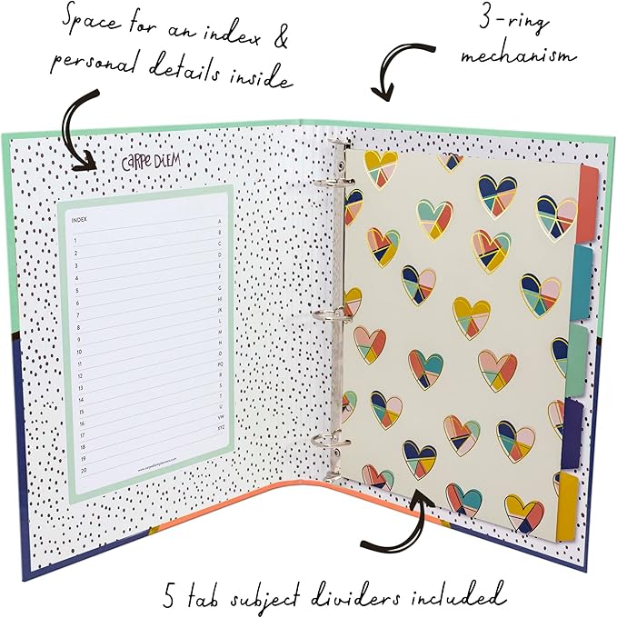 Pukka Pad, Carpe Diem Preloaded Rollbound Ringbinder – 12.4 x 10.8in – Includes Index, Personal Details, Planner Pages – Comes Preloaded with 5-Part Dividers – Standard 3-Ring Mechanism - Geometric