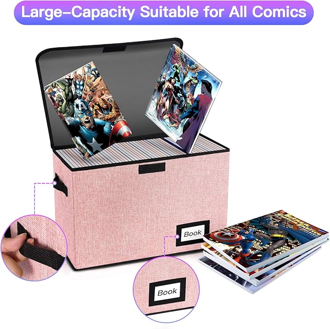 10 Pack Comic Book Storage Box 15.8" X 7.8" X 11.8", Collapsible Holds 160-180 Comic Book Organizer Heavy Duty Bin Container Holder Shelf (Pink)