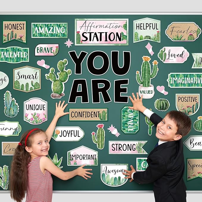 45pcs Cactus Affirmation Station Bulletin Board Set Motivational Posters Classroom Mirror Growth Mindset Decor Positive Affirmations Accents Cutouts for School Office Home Teacher Wall