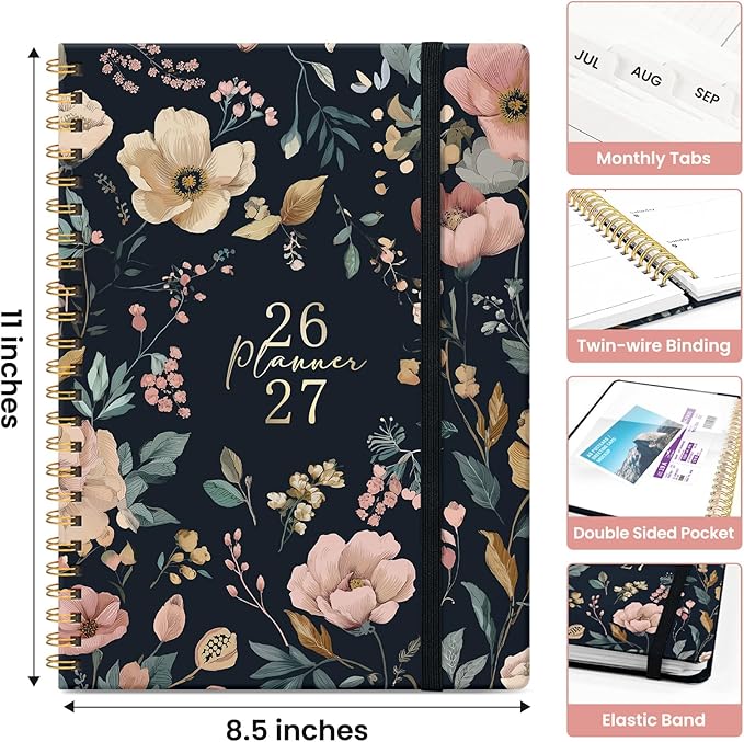 Planner 2026-2027, Academic Monthly and Weekly Calendar Planner for Women, July 2026 - June 2027, Hardcover Pretty Agenda Planner Book with Tabs, Spiral Daily Organizer for School Office Home Supplies, 8.5" x 11" - Evening Petals
