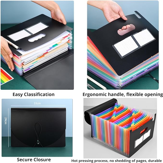 13 Pockets Accordion File Organizer 2 Packs Desktop Expanding File Folders with Colorful tabs for Paper Receipts, Bills&Taxes Organizer, Letter/A4 Size Document Holder for School, Office, Home