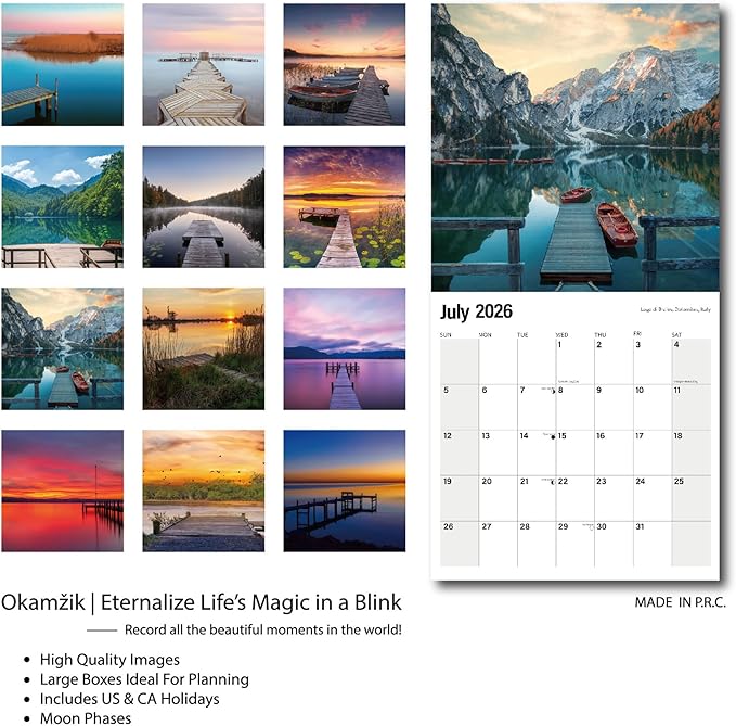 Wall Calendar 2026 Planner Calendar - Serenity Jetty Hangable Monthly Wall Calendar with Large Blocks for Organizing & Planning, Academic Schedule, Home, Office & family, Thick & Sturdy Paper (12"x24" Open)