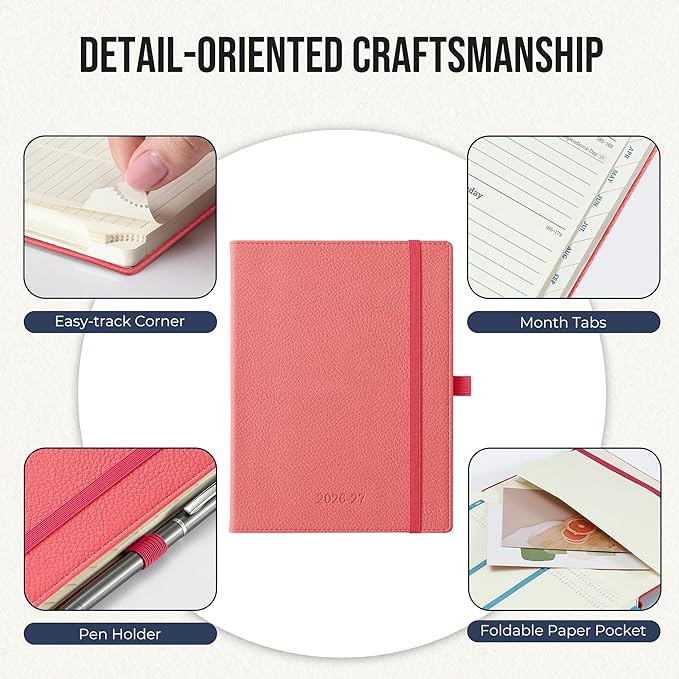 Weekly Planner 2026-2027 A5 (6.5" x 8.5") 12 Months (Jul'26 - Jun'27) Weekly & Monthly Planner with Month Tabs & Inner Pocket, Expenses/Note Pages, PU Leather Pink