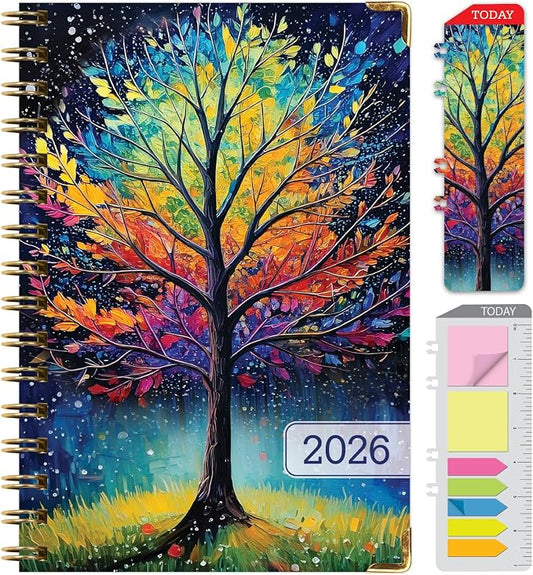 HARDCOVER 2026 Planner, 5.5"x8": 14 Months (November 2025 - December 2026), Daily Weekly Monthly Planner, Yearly Agenda, Bookmark, Pocket Folder and Sticky Note Set (Black Tree Seasons)