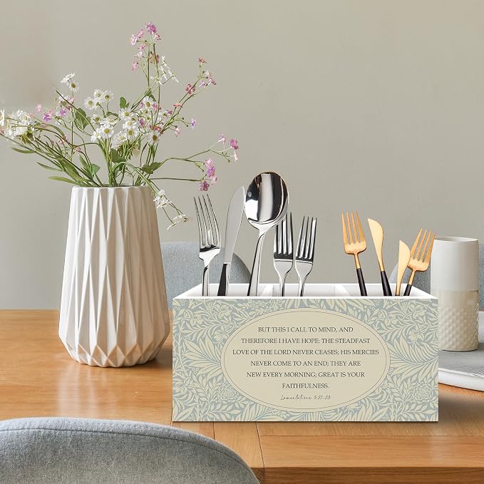 Christian Bible Verse Floral Pen Holder, Christian Gifts Office Pen Pencil Holder Organizer for Desk Accessories, Cottagecore Botanical Wooden Box Desk Decor for Home Office Desk Decorations