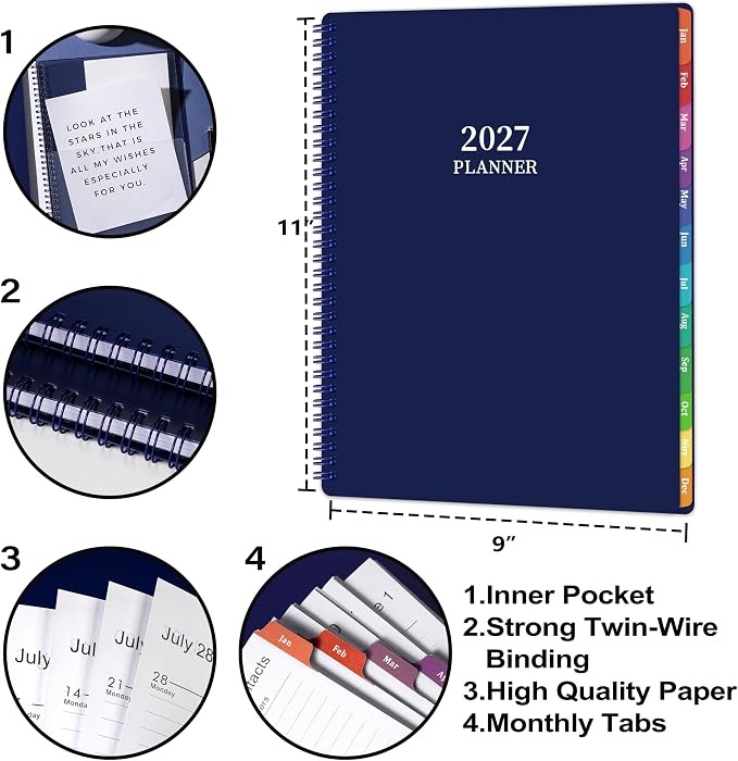 Vondafe 2027 Planner Weekly and Monthly - JAN 2027 - DEC 2027, 9"×11", Calendar Planner 2027, Weekly and Monthly Planner with Polypropylene Cover, Inner Pocket, Colorful Tabs & Thick Paper - Navy