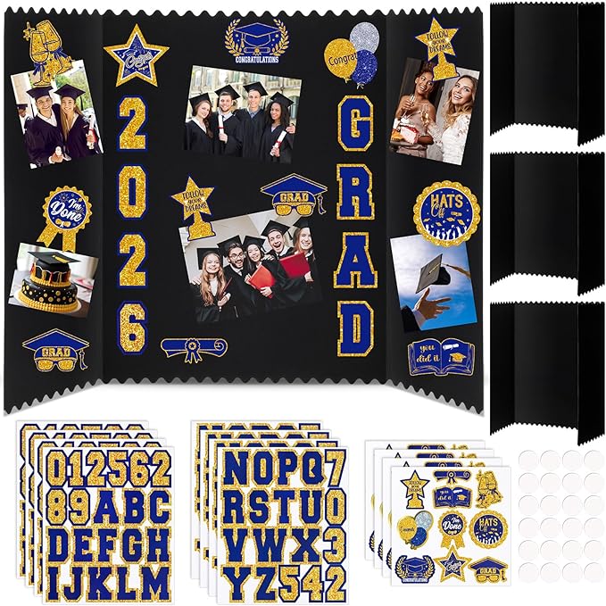 AmazingSpark 4 Sets Graduation Photo Display Board Trifold Poster Board with 12 Graduation Themed Stickers for 2026 Grad Party Decoration Picture Collage Frame Supplies (24 x 16,Blue Gold)