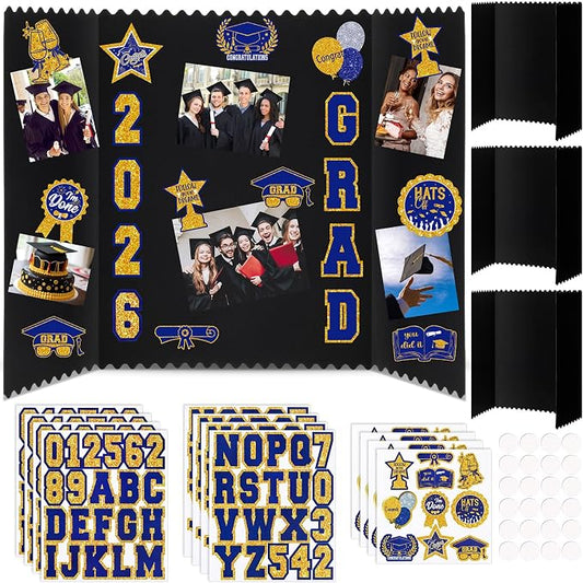 AmazingSpark 4 Sets 24 x 16 Trifold Poster Board for Graduation Photo Display Board with 12 Grad Themed Stickers for 2026 Presentation Party Decor Event Collage Frame Supplies(Blue Gold)
