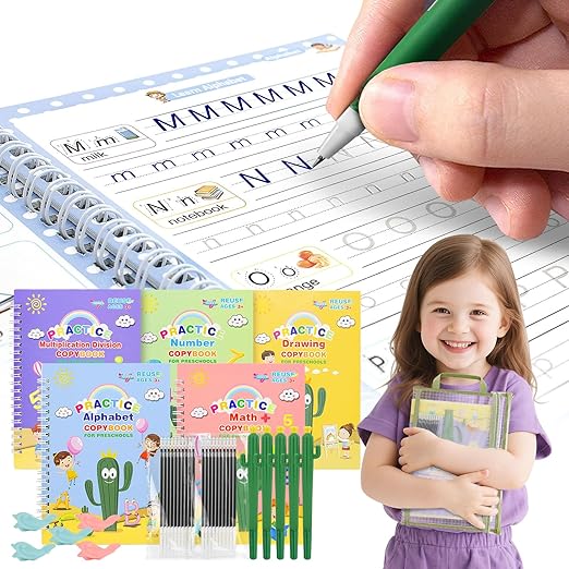 BYFWH Magic Practice Copybook, Reusable Writing Practice Book, Grooved Handwriting Copybook Set for Preschool Kids Age 3-8 Calligraphy 5.7 * 7.9 inch (5 PCS with 5 Cactus Pens & A Storage Bag)