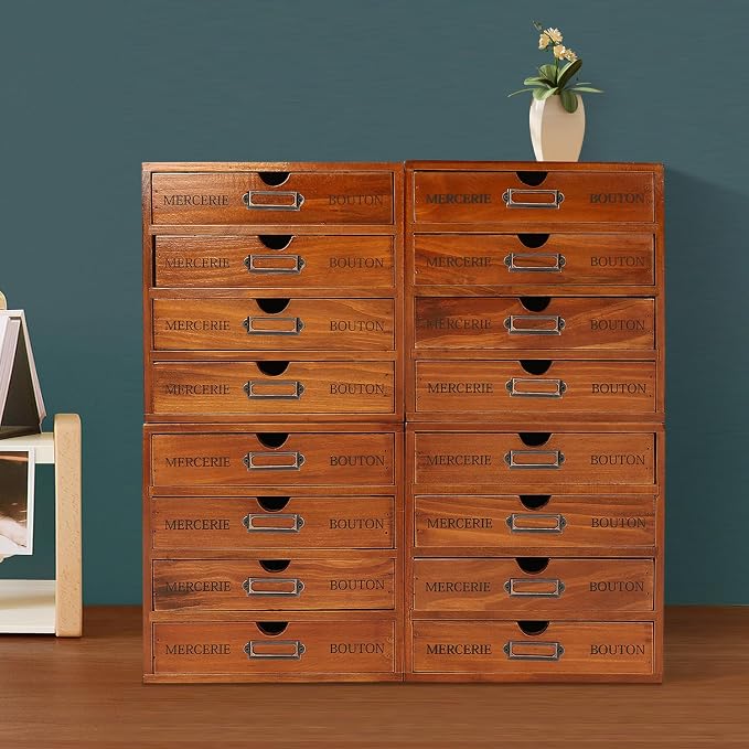 16-Drawer Wooden Storage Box, Literature Organizer 4Pcs 4-Slot Wooden Desk Drawer Unit Desktop File Holder, Craft Storage Box for Home, File Cabinet for Office, Classrooms, Cafes (Brown)