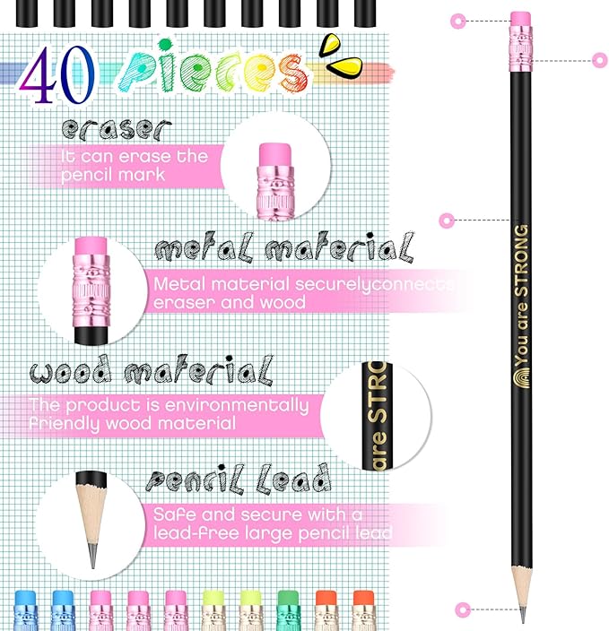 Eersida 40pcs Color Changing Mood Pencils Fun Pencils Bulk for Kids Students Motivational Pencil 2B Assorted Thermochromic Pencil with Eraser (Encouraging)