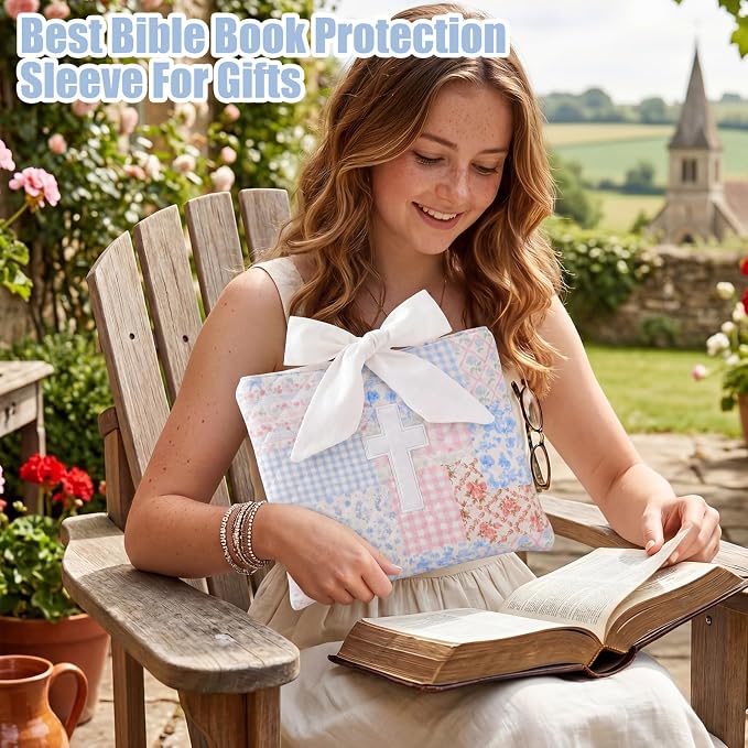 Honoson Quilted Bow Bible Sleeve Cover Case Padded Protector Washable Bible Bag Pouch Christian Gift for Women Girls Book Lover Gifts(Blue Floral Patchwork Cross)