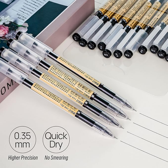 Quick Dry Black Gel Roller Pens, Waterproof Ink, 0.35mm Extra Fine Point, Precise and smooth writing, Japanese Pens Style, 12-Count Pack