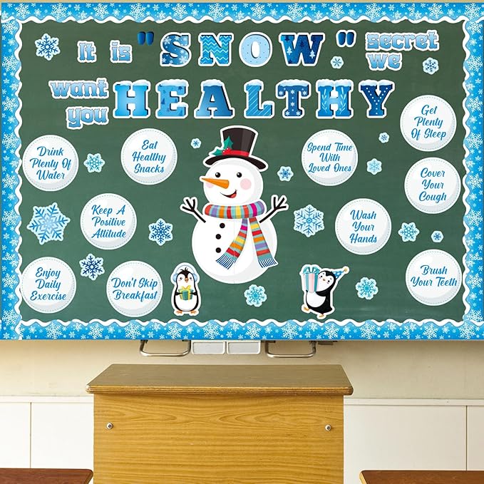 71 Pcs Winter Health Bulletin Board Decorations Set Winter Christmas Classroom Decor Snowman Snowflake Accents Healthy Habits Paper Cutouts for School Wall Decoration Supplies