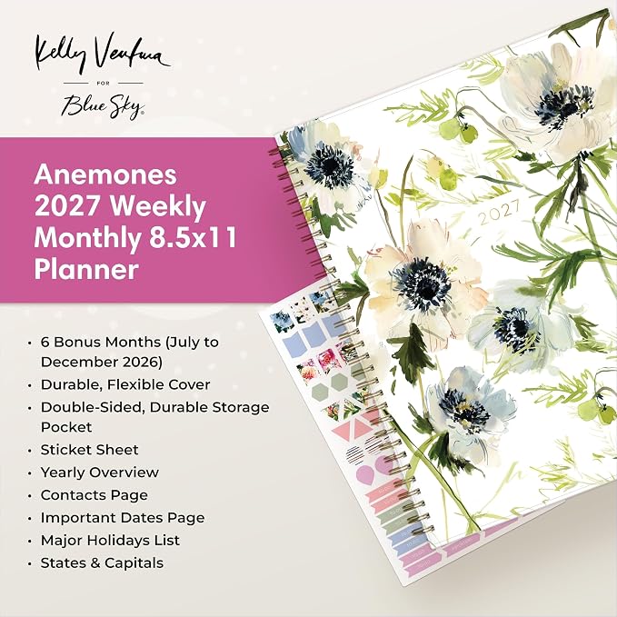 Blue Sky Kelly Ventura 2027 Weekly and Monthly Planner Calendar, January 2027 - December 2027, 8.5" x 11", Flexible Cover, Laminated Tabs, Durable Twin Wire Binding, Storage Pocket, Includes Sticker Sheet, Anemones