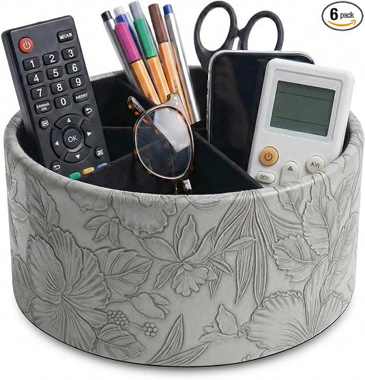 Remote Control Holder, 360°Spinning PU Leather Desk TV Remote Caddy,Desk Storage Box Room Accessories for Controller, Media,Mail,Calculator, Mobile Phone,Pencil(1-Carved Grey)