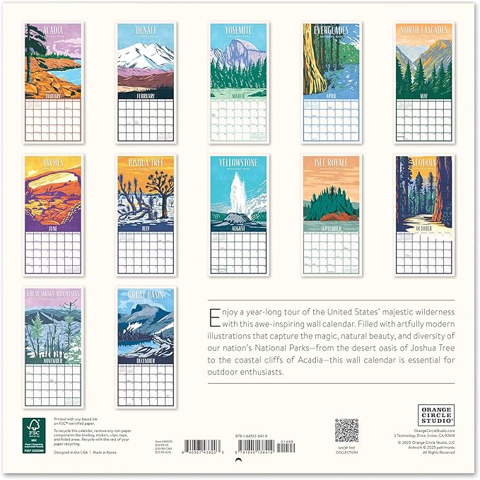 Orange Circle Studio Wall Calendar 2025-26, National Parks, Large Monthly Planner, Hanging Organizer, Cute for Home Office, Classroom, School, Family Calendar, Easy Planning and Organizing, 12” x 12”