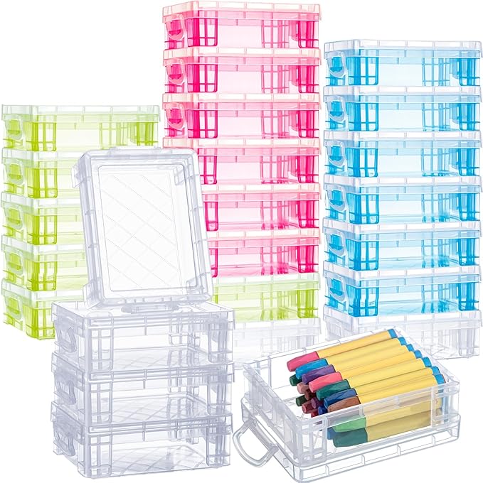 Suzile 25 Pcs Plastic Crayon Boxes with Snap Lids Crayon Storage Organizer Stackable Container Bulk Pencil Case for Pen Crafts Classroom Supplies (Clear, Pink, Blue, Green)