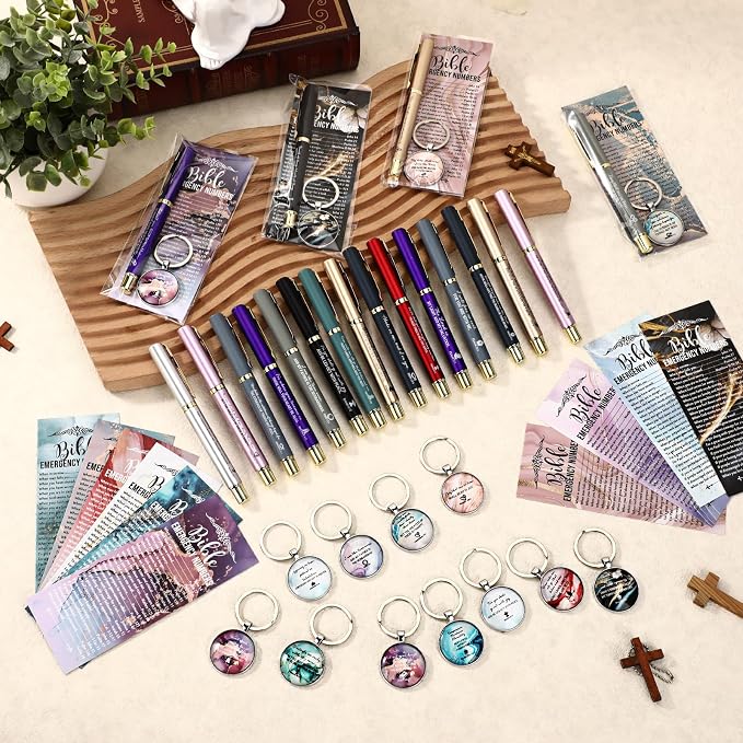 Feifeiya 75 Pcs Father's Day Christian Gifts Bulk 25 Bible Verse Pens 25 Religious Keychains 25 Emergency Number Bookmark Christian Church Gifts for Men Pastor Sunday School Church VBS(Colorful,Fresh)
